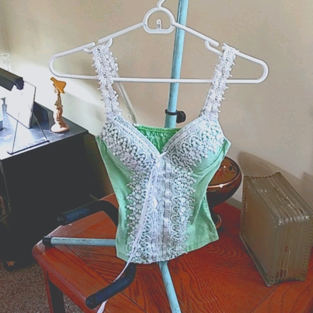 Ladies green and white lace halter tank